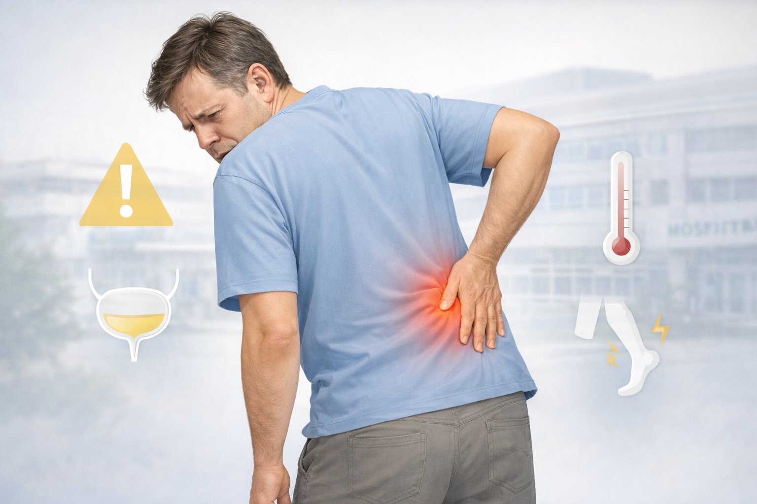 Seseorang tampak cemas memegangi pinggang dengan ikon peringatan seperti kandung kemih, kaki lemah, dan demam di sekelilingnya.
