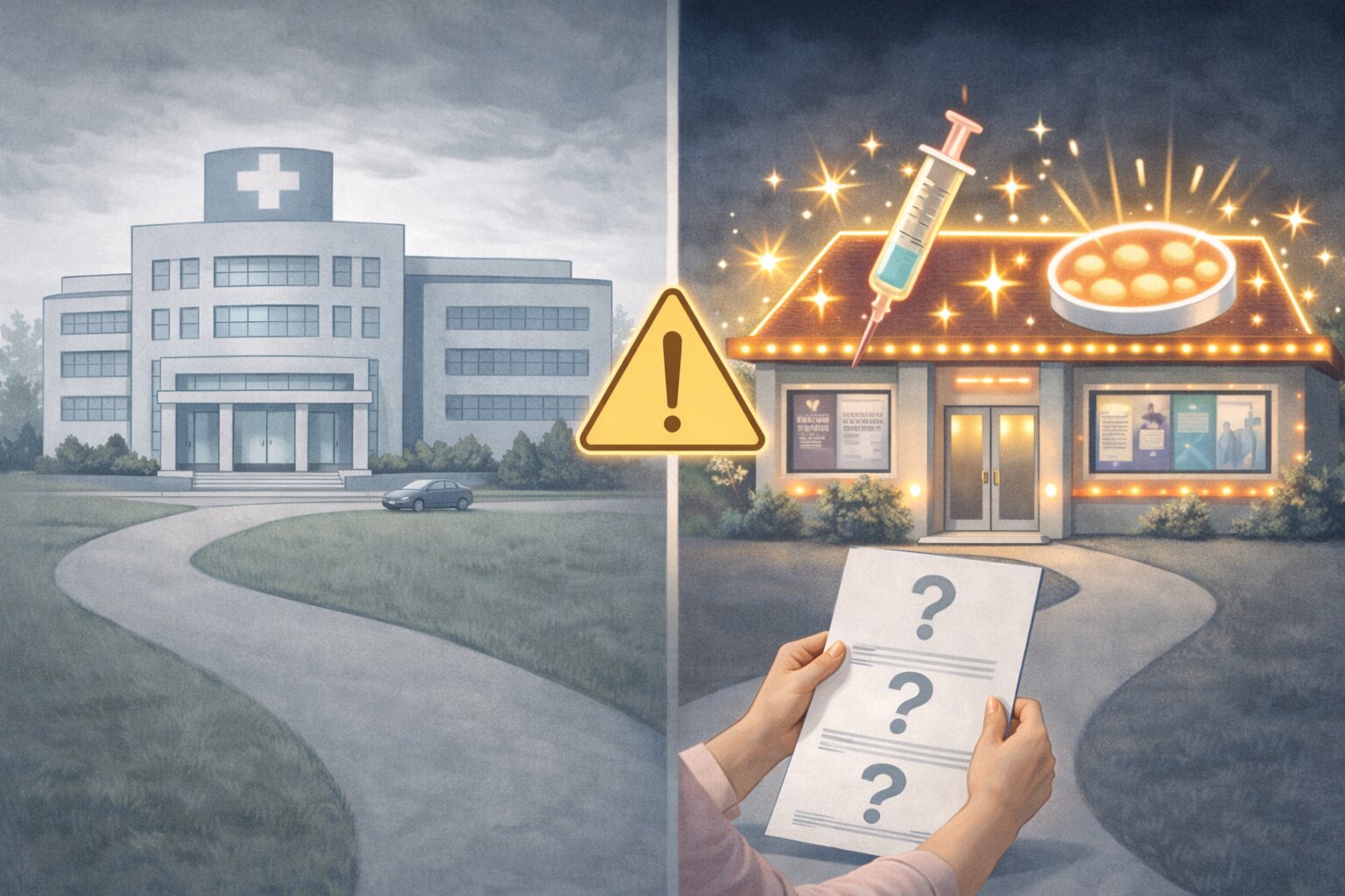 Perbandingan ilustratif antara rumah sakit modern dan klinik kecil dengan promosi berlebihan terapi stem cell.