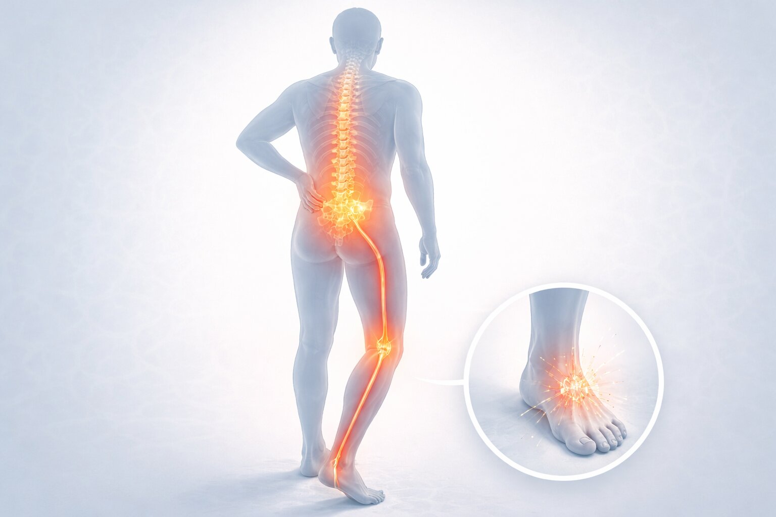 Garis nyeri menjalar dari punggung bawah ke kaki menggambarkan gejala saraf terjepit