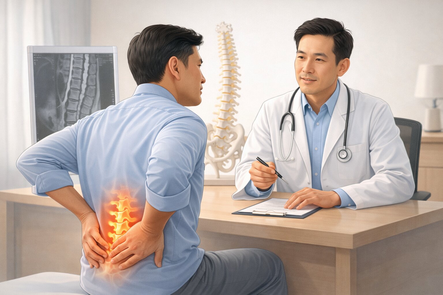 Pasien berkonsultasi dengan dokter spesialis ortopedi mengenai nyeri punggung