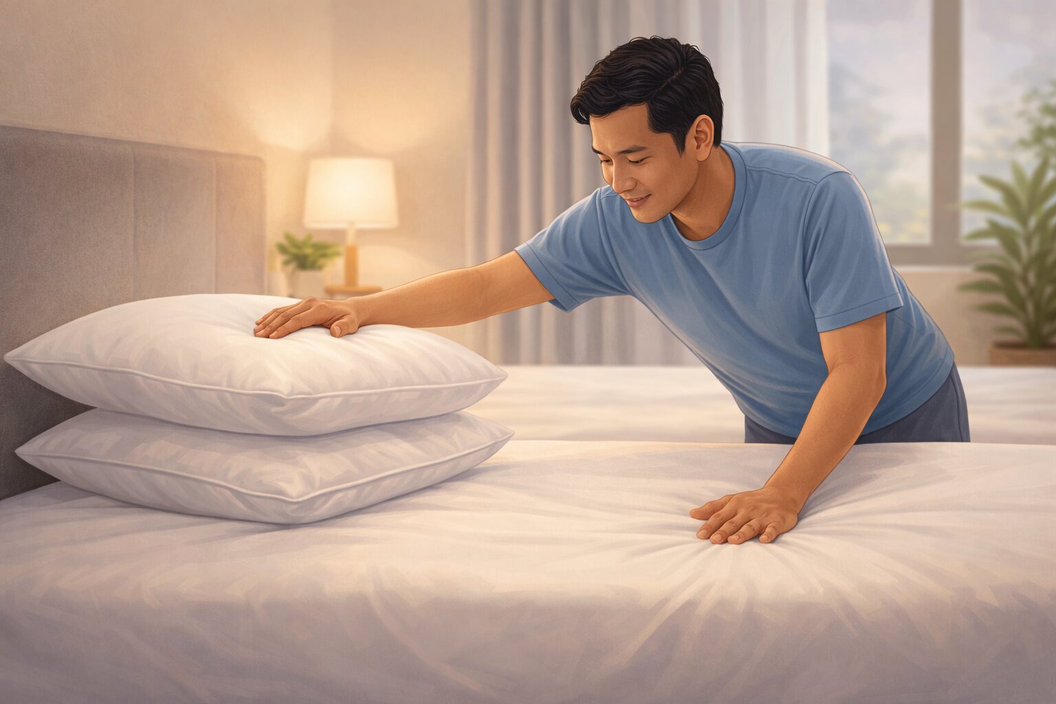 Orang sedang menata bantal dan kasur agar lebih nyaman untuk punggung